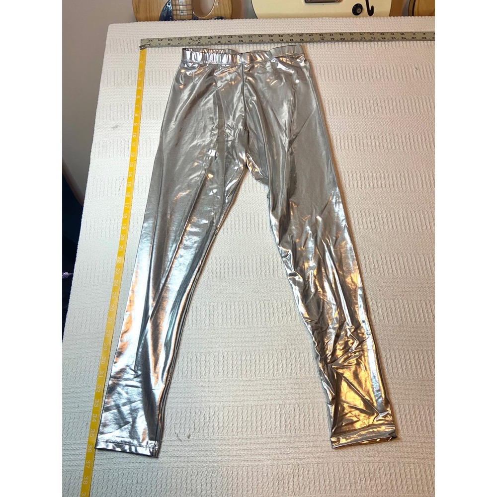 Metallic Silver Leggings Liquid Foil Shiny Disco Space Costume Pants - Small